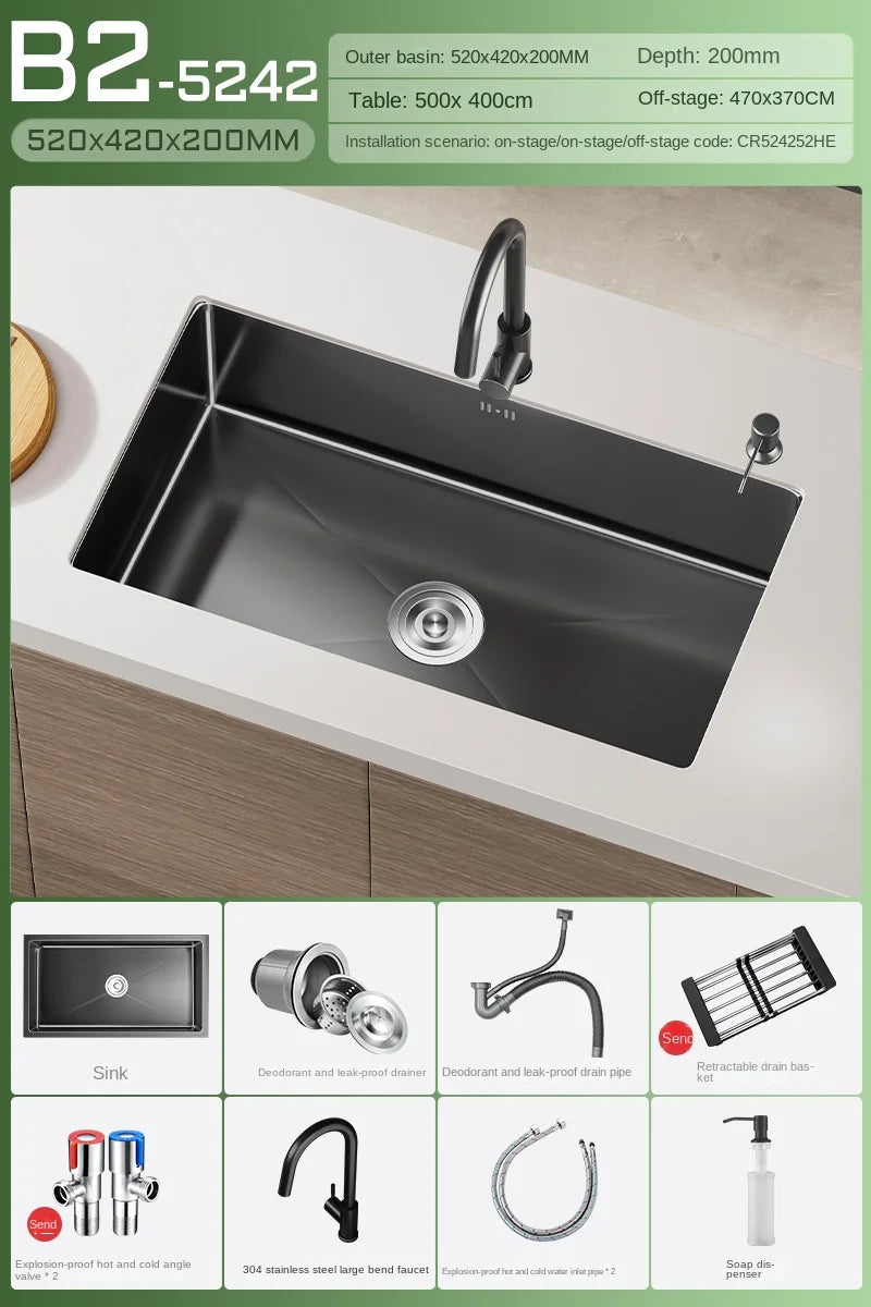Luxus-Wasserfall-Küchenspüle – Schwarzer Edelstahl | Einzelkugel | Unterbau | Inklusive Wasserhahn und Seifenspender