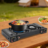 CampingFlamme Doppelkocher – Tragbarer 2-Flammen-Gaskocher mit Piezozündung | 2.5 kW & Butan-/Flüssiggasbetrieb | Mit Grillplatte und Transportkoffer