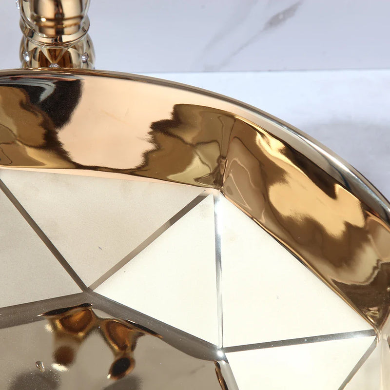 Luxuriöses handbemaltes Keramikwaschbecken mit goldenem Wasserhahn – rund | Tischmodell | Inklusive Pop-Up-Ablauf