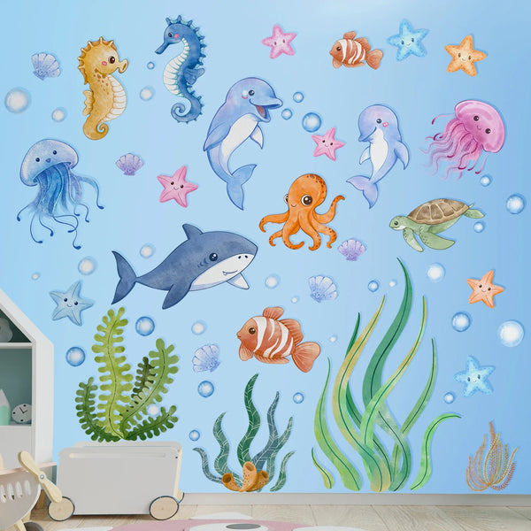 SeaWorld Wandtattoos Unterwasserwelt – Meerestiere Kinderzimmer Aufkleber mit Schildkröte, Delfin & Fisch