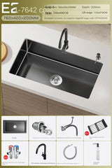 Luxus-Wasserfall-Küchenspüle – Schwarzer Edelstahl | Einzelkugel | Unterbau | Inklusive Wasserhahn und Seifenspender