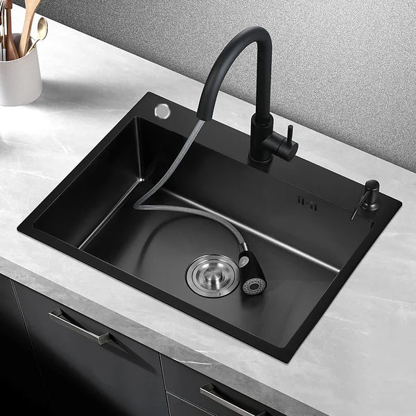 Edelstahl-Küchenspüle, Einzelbecken, dunkelgraues Waschbecken mit Küchenarmatur und Abflusszubehör