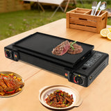 CampingFlamme Doppelkocher – Tragbarer 2-Flammen-Gaskocher mit Piezozündung | 2.5 kW & Butan-/Flüssiggasbetrieb | Mit Grillplatte und Transportkoffer