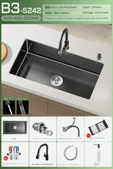 Luxus-Wasserfall-Küchenspüle – Schwarzer Edelstahl | Einzelkugel | Unterbau | Inklusive Wasserhahn und Seifenspender