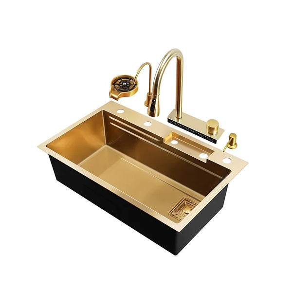 Goldfarbene Küchenspüle aus Edelstahl 304 mit Wasserfall, großes Einzelbecken, mittleres und unteres Becken, verstärkt