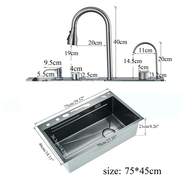 Luxus-Küchenspüle aus Edelstahl mit digitalem Wasserhahn – 75 x 45 cm | Gun Grey | Aufputzmontage | Wasserfall-Ablauf & Seifenspender