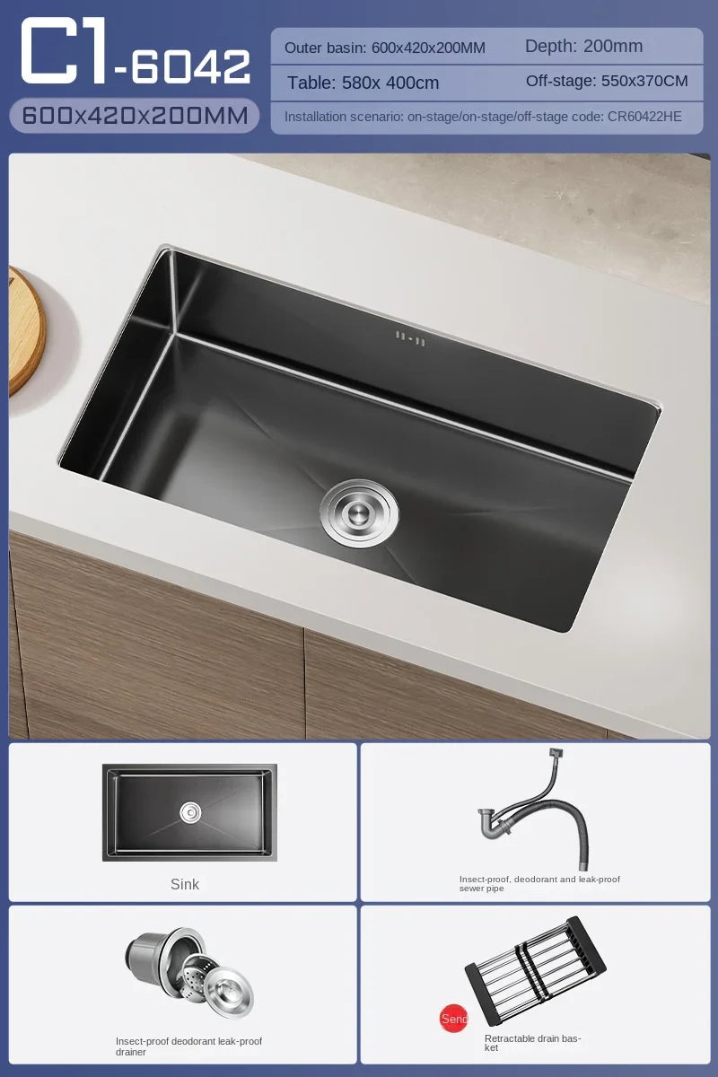 Luxus-Wasserfall-Küchenspüle – Schwarzer Edelstahl | Einzelkugel | Unterbau | Inklusive Wasserhahn und Seifenspender