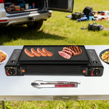 CampingFlamme Doppelkocher – Tragbarer 2-Flammen-Gaskocher mit Piezozündung | 2.5 kW & Butan-/Flüssiggasbetrieb | Mit Grillplatte und Transportkoffer