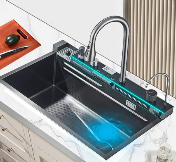 Luxus-Küchenspüle aus Edelstahl mit digitalem Wasserhahn – 75 x 45 cm | Gun Grey | Aufputzmontage | Wasserfall-Ablauf & Seifenspender