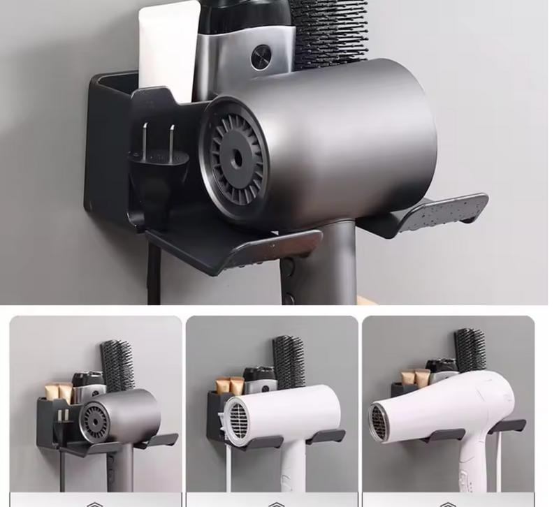 Multifunktionaler Haartrocknerhalter – Wandmontage | Ohne Bohren | Mit Steckeraufbewahrung | ABS-Kunststoff