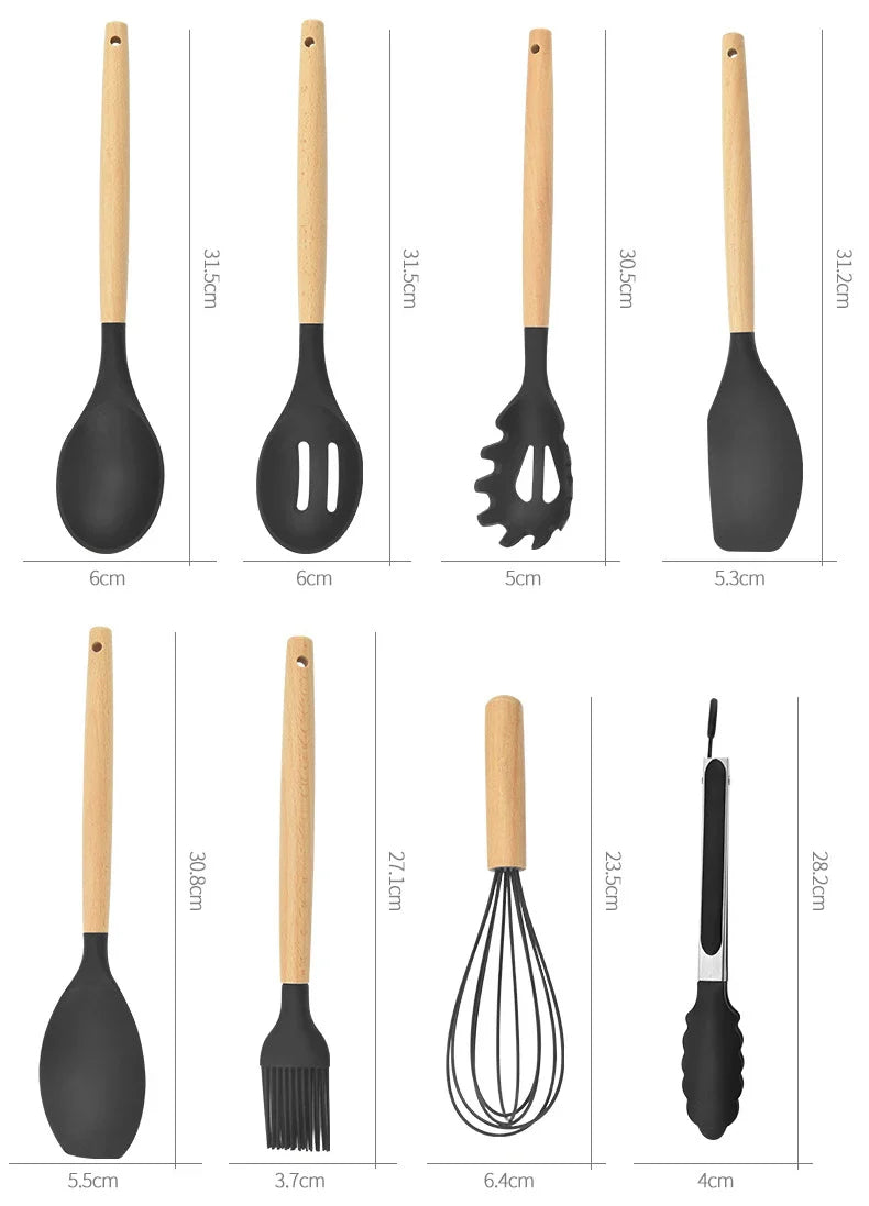 ChefEase – 12-delige Siliconen Keukengerei Set met Houten Handvat