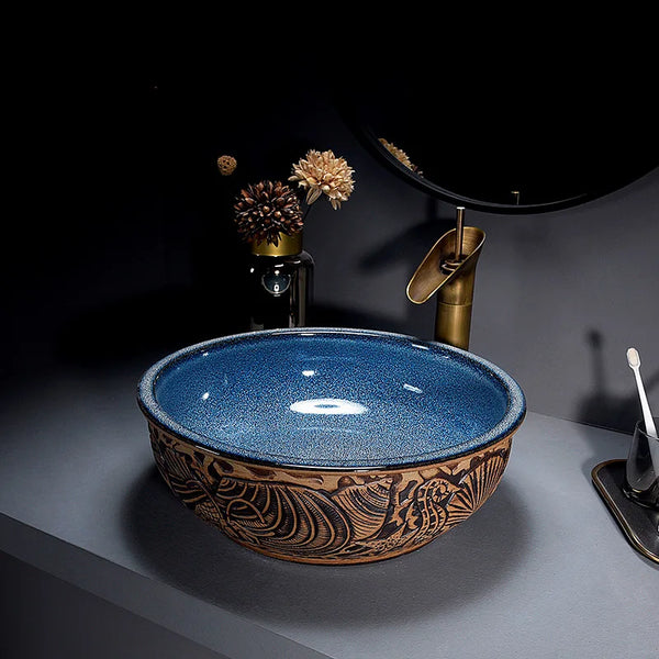 Rundes Waschbecken mit Wasserhahn Keramik Oval