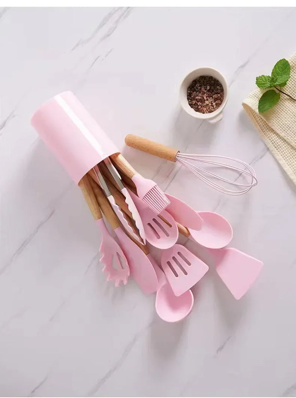 ChefEase – 12-teiliges Silikon-Kochutensilien-Set mit Holzgriffen