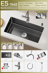 Luxus-Wasserfall-Küchenspüle – Schwarzer Edelstahl | Einzelkugel | Unterbau | Inklusive Wasserhahn und Seifenspender
