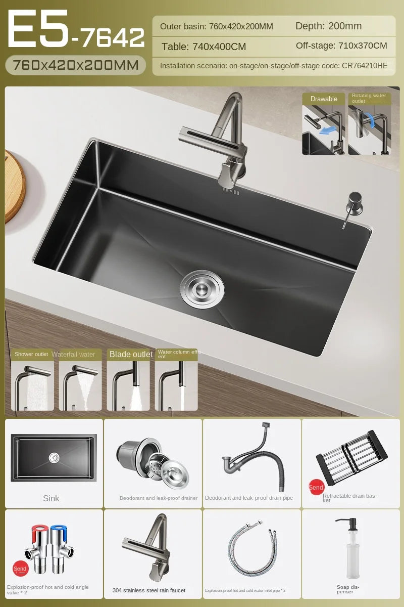 Luxus-Wasserfall-Küchenspüle – Schwarzer Edelstahl | Einzelkugel | Unterbau | Inklusive Wasserhahn und Seifenspender