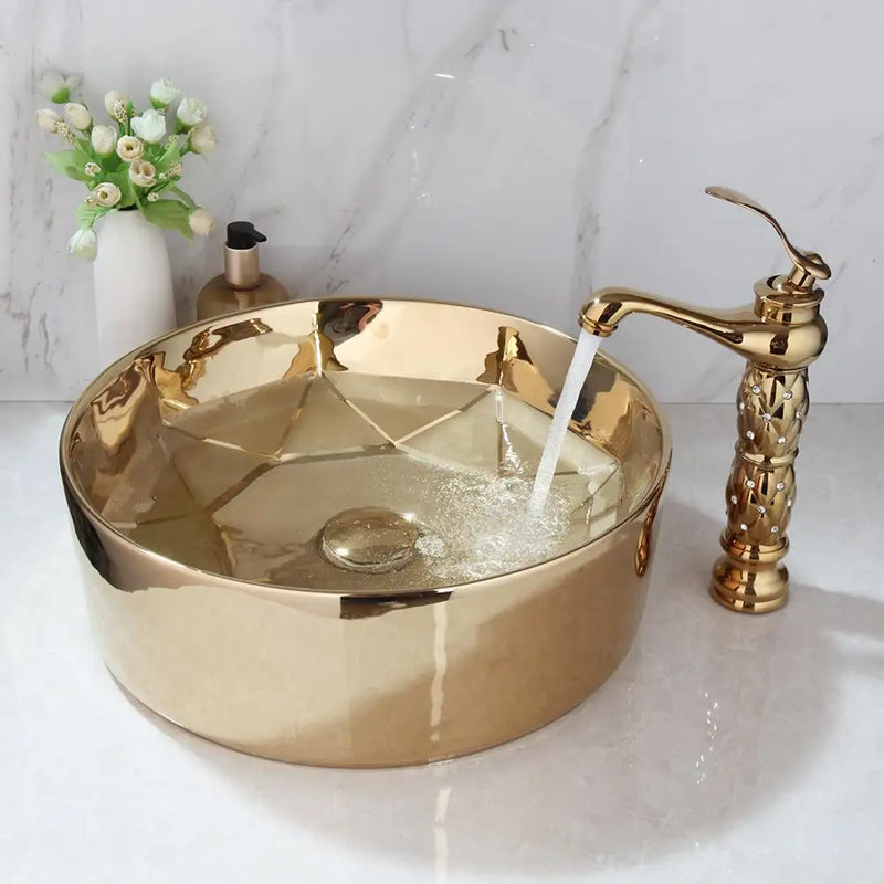 Luxuriöses handbemaltes Keramikwaschbecken mit goldenem Wasserhahn – rund | Tischmodell | Inklusive Pop-Up-Ablauf