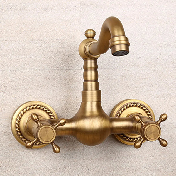 Wandmontierter Wasserhahn für Küche und Bad - Antikmessing | Heiß- und Kaltwasser