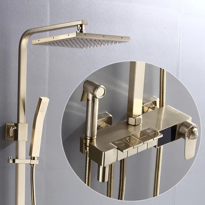 Thermostatische Doucheset – Geborsteld Goud | Messing & ABS | Verstelbare Hoogte | 20 Inch Vierkante Douchekop