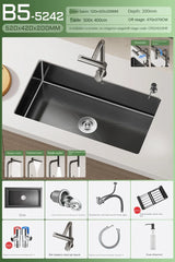 Luxus-Wasserfall-Küchenspüle – Schwarzer Edelstahl | Einzelkugel | Unterbau | Inklusive Wasserhahn und Seifenspender