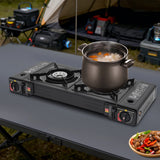 CampingFlamme Doppelkocher – Tragbarer 2-Flammen-Gaskocher mit Piezozündung | 2.5 kW & Butan-/Flüssiggasbetrieb | Mit Grillplatte und Transportkoffer