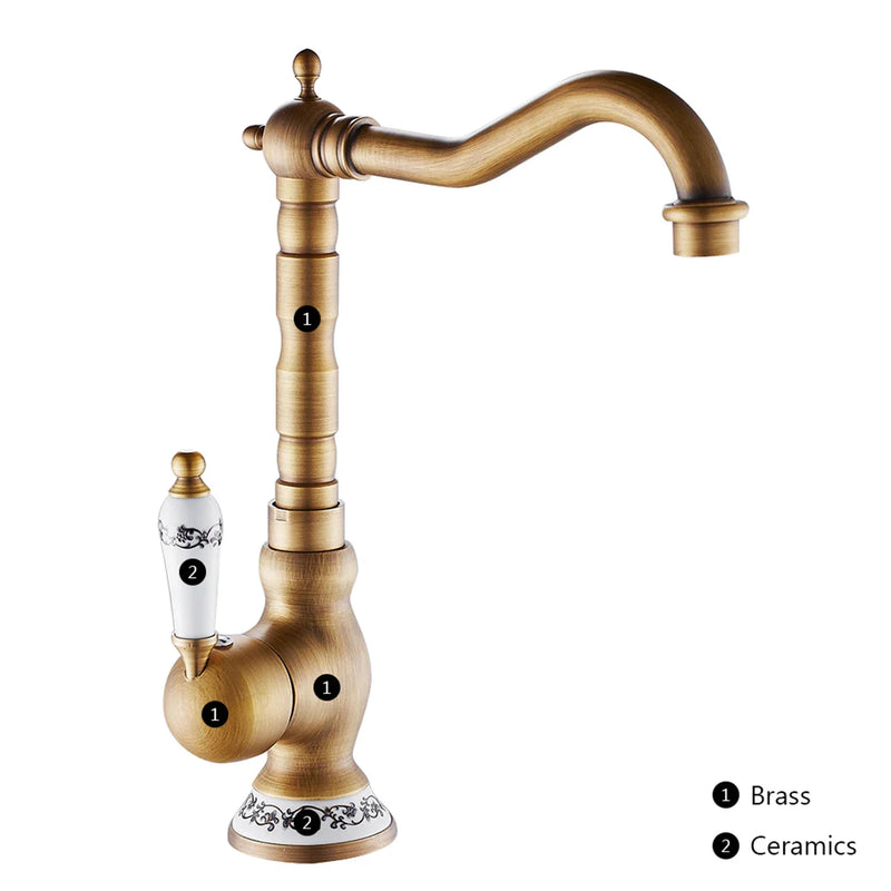 Küchenarmatur aus antikem Messing mit Keramikgriff - 360° drehbar | Traditionelles Design