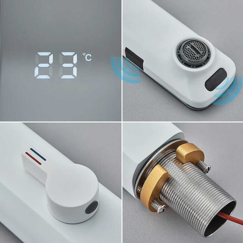 Weißer Smart Sensor Waschtischarmatur mit Digitalanzeige – Berührungsloser Mischer | Warm- und Kaltwasser | Für Badezimmer