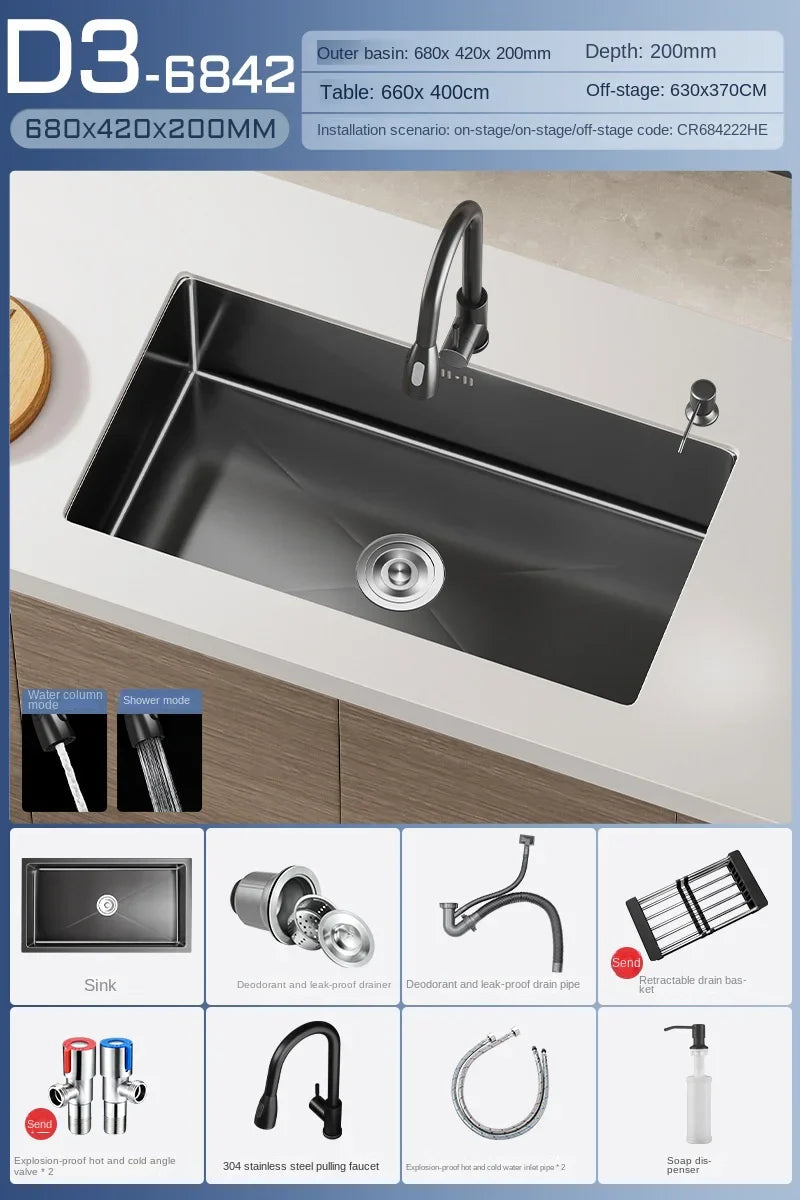 Luxus-Wasserfall-Küchenspüle – Schwarzer Edelstahl | Einzelkugel | Unterbau | Inklusive Wasserhahn und Seifenspender