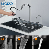 Luxus-Küchenspüle aus Edelstahl mit digitalem Wasserhahn – 75 x 45 cm | Gun Grey | Aufputzmontage | Wasserfall-Ablauf & Seifenspender