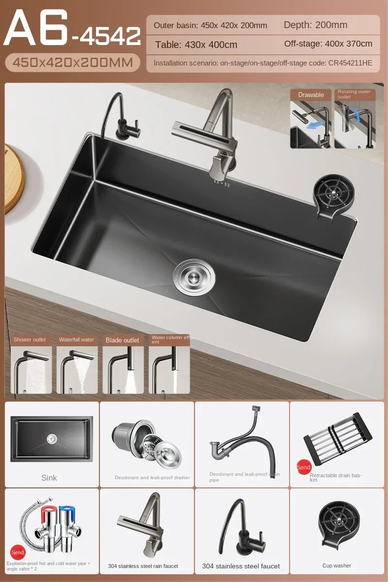 Luxus-Wasserfall-Küchenspüle – Schwarzer Edelstahl | Einzelkugel | Unterbau | Inklusive Wasserhahn und Seifenspender