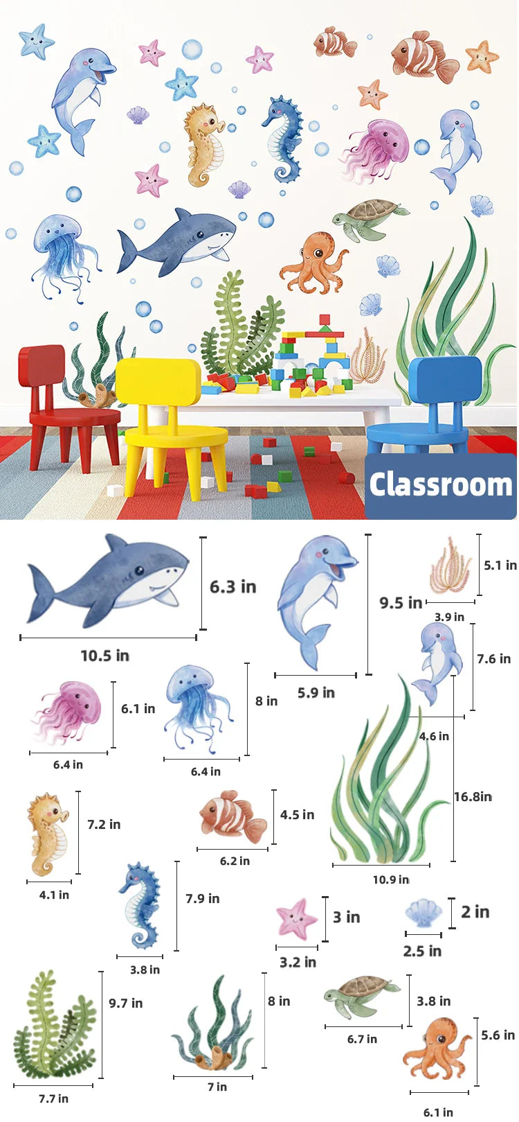 SeaWorld Wandtattoos Unterwasserwelt – Meerestiere Kinderzimmer Aufkleber mit Schildkröte, Delfin & Fisch