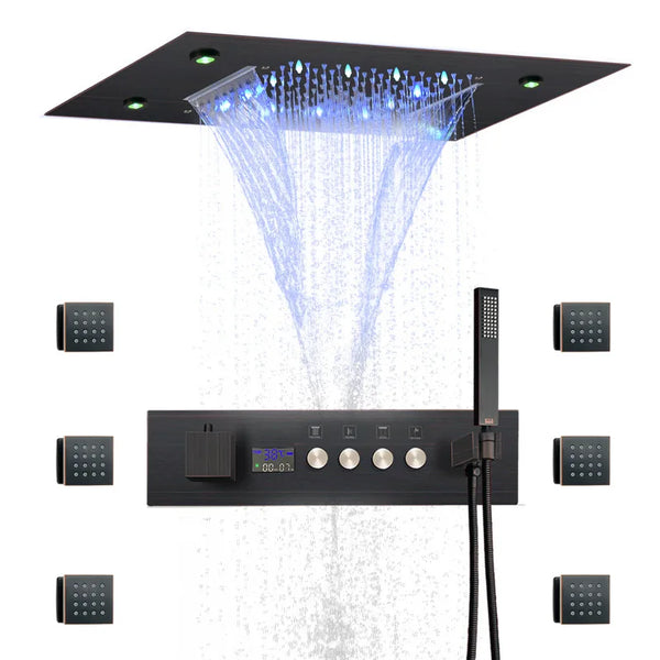 Thermostat-Duscharmatur mit LED-Anzeige – Integrierte Smart-Funktion | Quadratischer Duschstrahl | Messing | Schwarz