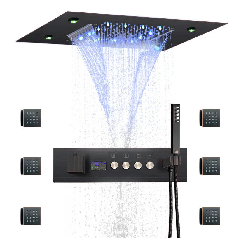 Thermostat-Duscharmatur mit LED-Anzeige – Integrierte Smart-Funktion | Quadratischer Duschstrahl | Messing | Schwarz