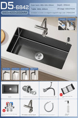 Luxus-Wasserfall-Küchenspüle – Schwarzer Edelstahl | Einzelkugel | Unterbau | Inklusive Wasserhahn und Seifenspender