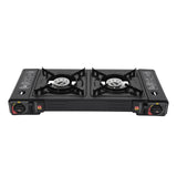 CampingFlamme Doppelkocher – Tragbarer 2-Flammen-Gaskocher mit Piezozündung | 2.5 kW & Butan-/Flüssiggasbetrieb | Mit Grillplatte und Transportkoffer