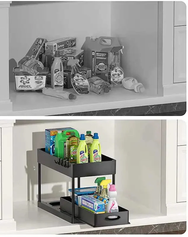 SlideEase 2-stufiger Organizer – Ausziehbarer Untergiebel-Organizer mit Korb, Haken und Bechersystem