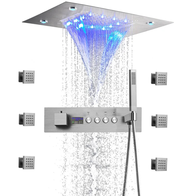 Thermostat-Duscharmatur mit LED-Anzeige – Integrierte Smart-Funktion | Quadratischer Duschstrahl | Messing | Schwarz