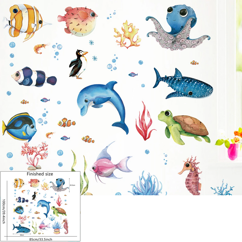 SeaWorld Wandtattoos Unterwasserwelt – Meerestiere Kinderzimmer Aufkleber mit Schildkröte, Delfin & Fisch