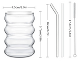 RetroRille Trinkgläser 4er-Set – Strukturierte Glasbecher mit Trinkhalmen | Transparente Rillengläser im Vintage-Stil | Für Kaffee, Saft & Feiern