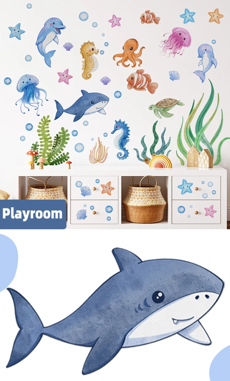 SeaWorld Wandtattoos Unterwasserwelt – Meerestiere Kinderzimmer Aufkleber mit Schildkröte, Delfin & Fisch
