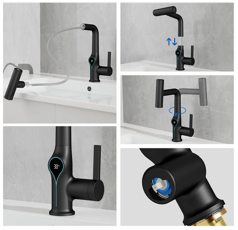 AquaGlow Wasserfall-Waschtischarmatur mit digitaler Temperaturanzeige